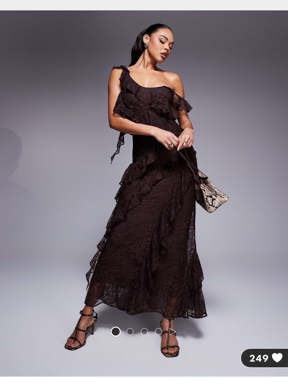 ASOS Dark Brown Lace Ruffle Midaxi Dress - Picture 1 of 2